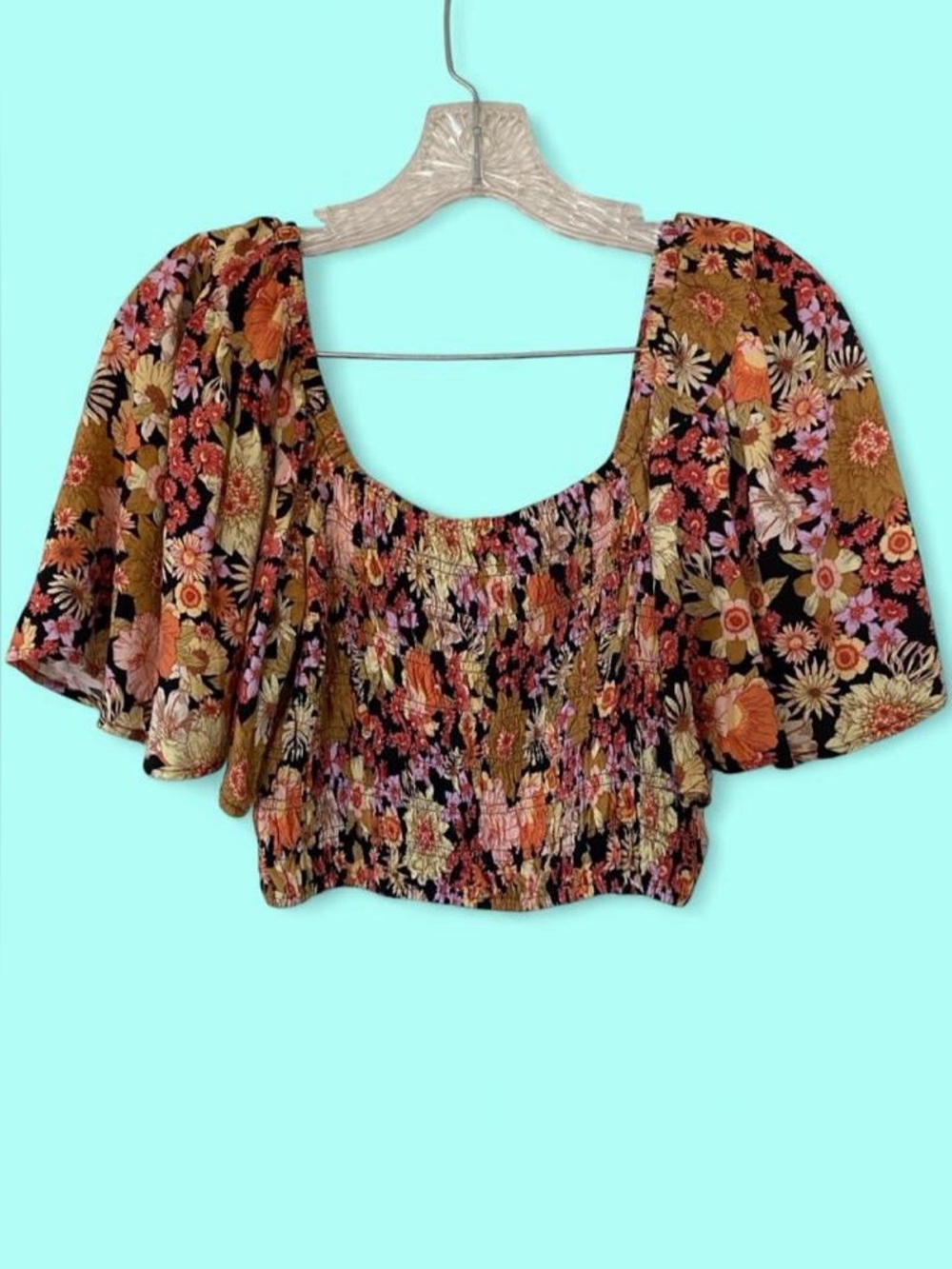 Rip Curl Floral Smocked Crop Top - Black & Mustard